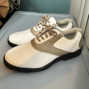 FootJoy GreenJoys women's golf shoes white tan/beige saddle design Size 9.5